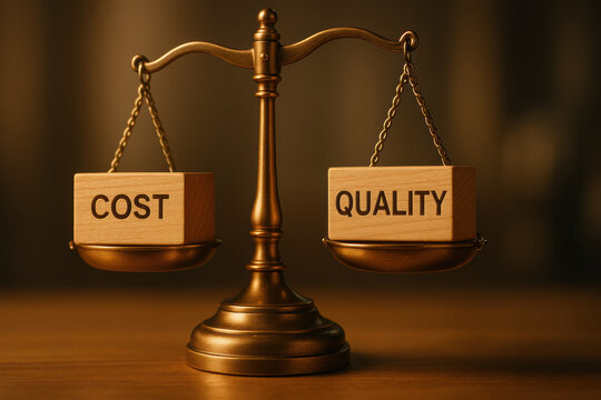 Balancing cost and quality is essential decision making, represented by wooden blocks scale. This symbolizes trade off between affordability