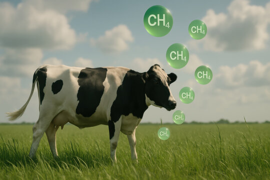 Cow stands in green field under blue sky, with floating methane gas bubbles represented by CH4 around it, highlighting environmental concerns