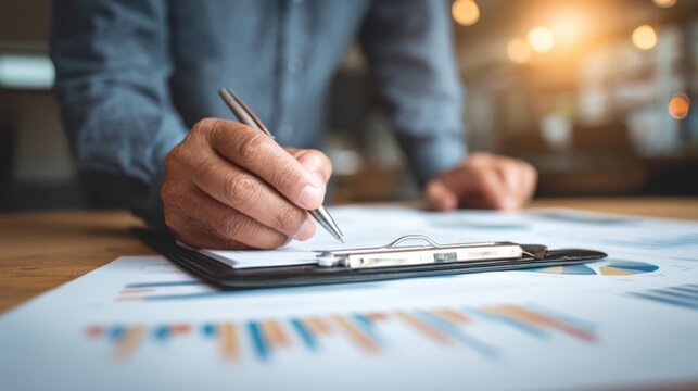 Businessman Hand Writing on Clipboard with Financial Charts in Office Setting