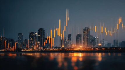 City Skyline at Night with Financial Data Overlay in Warm Orange and Cool Blue Tones