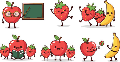 Cartoon fruit characters including apple, strawberry, and banana engaged in playful, educational, and family activities in vector illustration design
