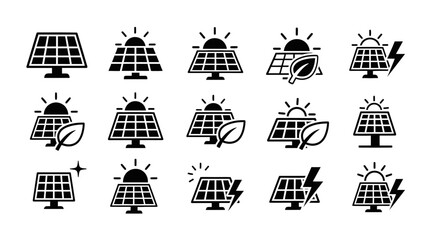 Versatile graphic icon set showcasing solar panels with sun, leaf, and lightning elements for renewable energy and eco-friendly power generation concepts