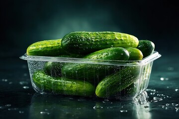 Fresh cucumbers in clear bio plastic container with water drops