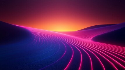 Neon-infused desert dunes undulate beneath a vibrant sunset sky, displaying electric, stylized lines