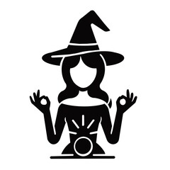 Black and white illustration logo of a witch chanting a spell.