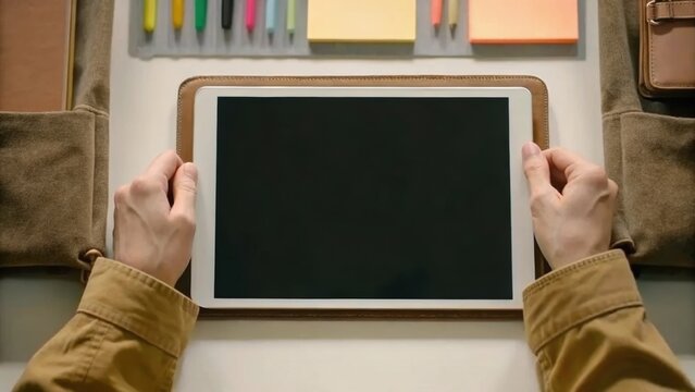 A person is placing a tablet onto a desk surrounded by stationery items and a notepad, creating a workspace atmosphere.