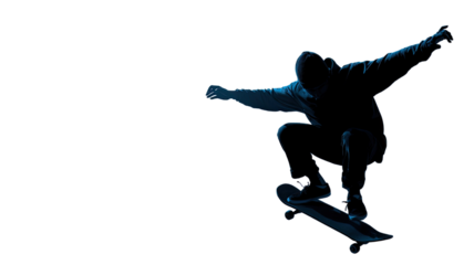 Black vector silhouette illustration of a male athlete skateboarding, capturing dynamic sport action