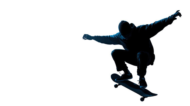 Black vector silhouette illustration of a male athlete skateboarding, capturing dynamic sport action
