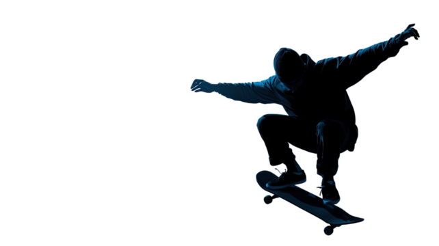 Black vector silhouette illustration of a male athlete skateboarding, capturing dynamic sport action