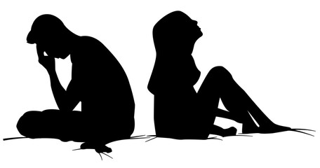 Couple silhouette sitted on bed disagree argument split