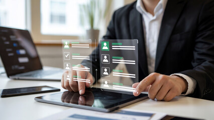 Streamlined recruitment process with professional reviewing candidate profiles on tablet for efficient hiring decisions in a modern business setting