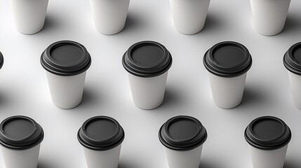 Uniform grid arrangement of takeaway coffee cups with black lids on a clean white surface