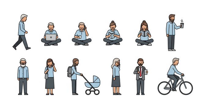 Collection of diverse flat design character icons showing people engaged in various daily activities and modern lifestyles