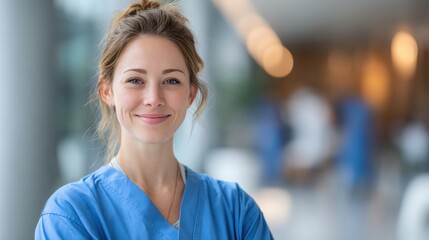 Fototapeta premium Young Female Nurse Wearing Blue Scrubs Smiling Confidently in Hospital Corridor