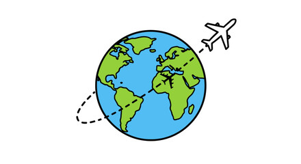 Stylized illustration of an airplane orbiting the globe, representing global travel, international connectivity, and worldwide journeys for adventure, tourism, and business