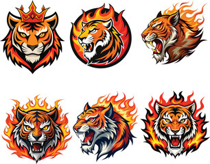 Obraz premium Flaming Tiger Head Vector Pack, Tiger Head with Fire Vector Bundle