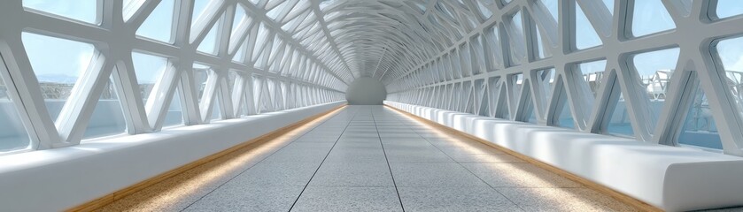 Obraz premium A futuristic geometric tunnel walkway with white triangular architecture bright natural light and panoramic outdoor views