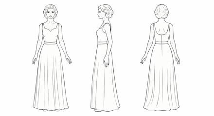 Fashion illustration of a woman in a long dress, front, side, and back views.