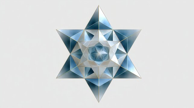 A complex multi faceted geometric star shaped crystal structure with a silver blue gradient