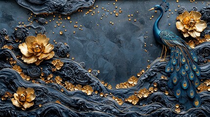 Artistic depiction with intricate details, featuring a peacock and gold-toned floral elements