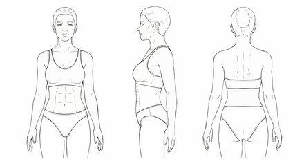Line drawing of a womans body from front side and back views showing anatomy.