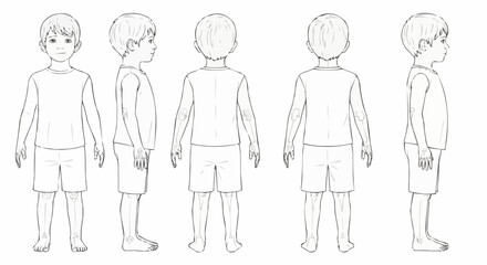 Character turnaround sheet illustration of a young boy from five angles.
