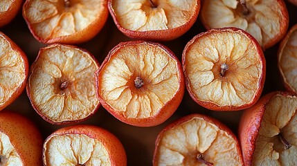 Overhead view of sliced dried apples arranged in a repeating pattern for a close-up shot