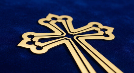 Elegant gold ornate cross rests on rich blue velvet, symbolizing faith, spirituality, and sacred devotion