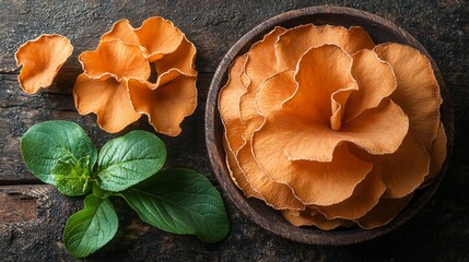 Top-down shot of orange mushrooms in a wooden bowl and green leafy herb on a rustic surface