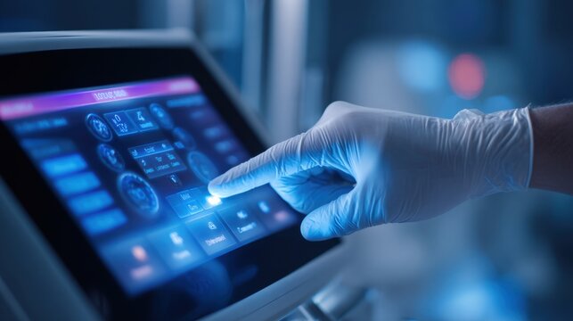 Medical Technician Using Touchscreen Medical Device in Hospital Laboratory