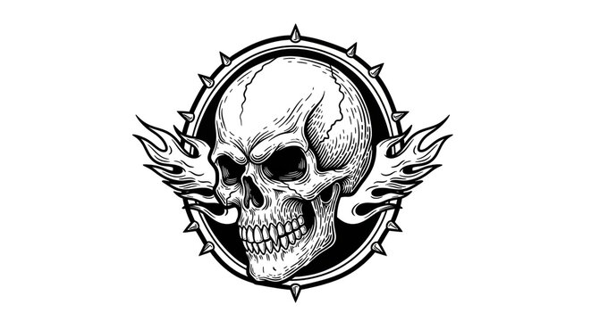 Fiery skull emblem with sharp spikes and intense flame wings, perfect for daring designs and bold branding projects