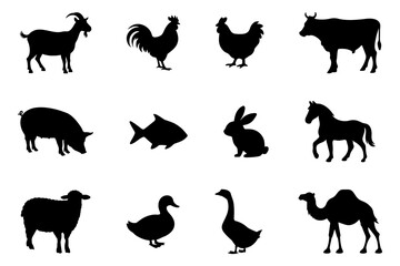 Animal icon set on transparent background. Symbol of goat, rooster, chicken, cow, horse, rabbit, fish, pig, sheep, duck, goose, and camel. Livestock silhouette editable vector stock