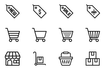 Shopping element icon set on transparent background. Symbol of discount, sale, new arrival, price tag, packet, shopping cart, and shopping basket. Shopping tools outline editable vector stock
