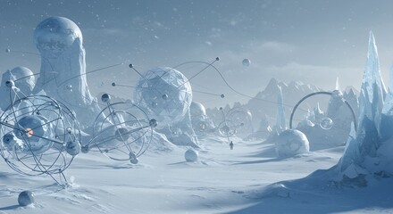Abstract ice landscape with spherical structures and subtle figure