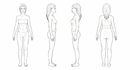 Female body turnaround sketch in four anatomical poses.