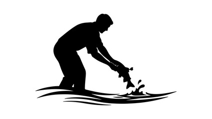 Fisherman casting line in water with transparent background