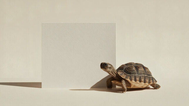 A tortoise stands next to a blank white square, casting a shadow on the beige background.