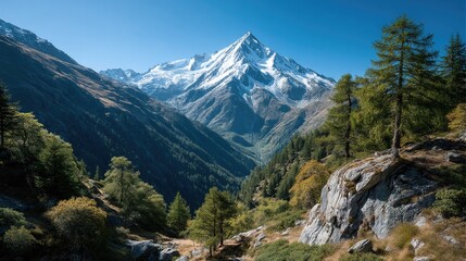 Majestic Snowy Mountain Peaks Ascend Towards a Clear Blue Sky Over a Lush Green Forested Valley Bathed in Sunlight