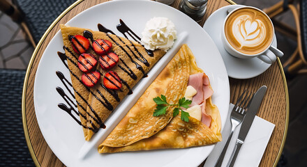 A plate featuring a sweet chocolate-drizzled crepe with strawberries and whipped cream, alongside a savory ham and cheese crepe garnished with parsley.