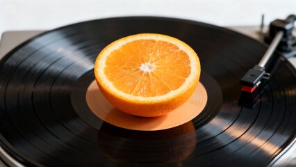Close-up of an orange slice placed on a turntable like a vinyl record