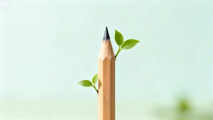 A sharpened wooden pencil with small green leaves sprouting from its body