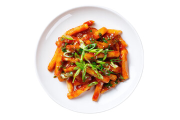 Stir-fried pasta-like dish on a white plate
