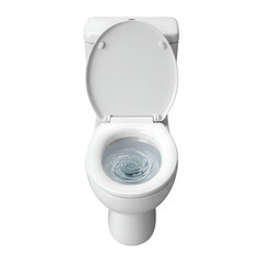 Top view of toilet bowl with clear water swirling inside, isolated on white background. Clean, realistic hygiene concept. Isolated on white or transparent background. PNG format.