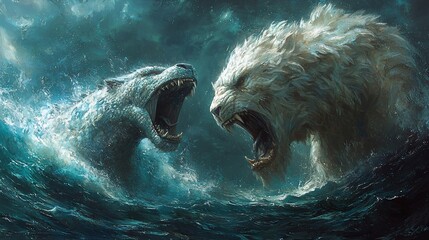 Intense digital art depicting two mythical beasts battling in tumultuous waters, claws bared