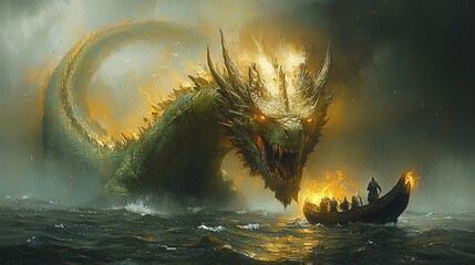 A monstrous sea serpent facing a small boat on turbulent waters, threatening