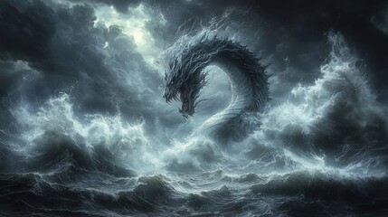 A serpentine, fantastical beast rises from turbulent, stormy seas, amidst roiling dark clouds