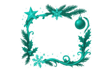 Christmas frame and border with teal snowflake, pine branch, holly leaves, and star on transparent background