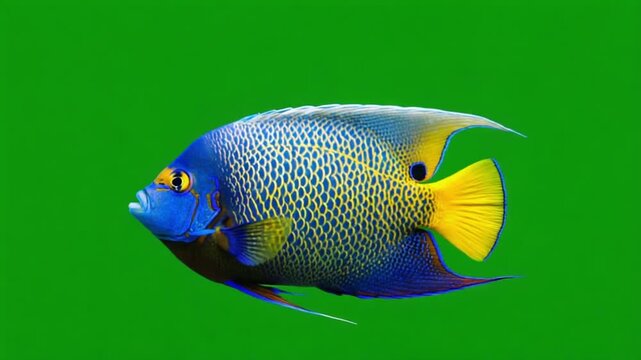 Close up of a blue and yellow angelfish swimming in front of a green colored background green screen animal video