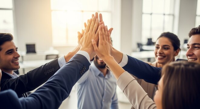 Business people and hands together with team for collaboration, motivation or success at office. 