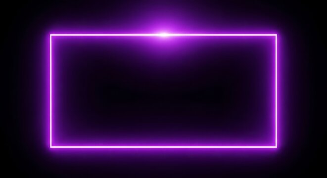 A purple neon rectangle frame glowing brightly against a stark black background in a modern design style